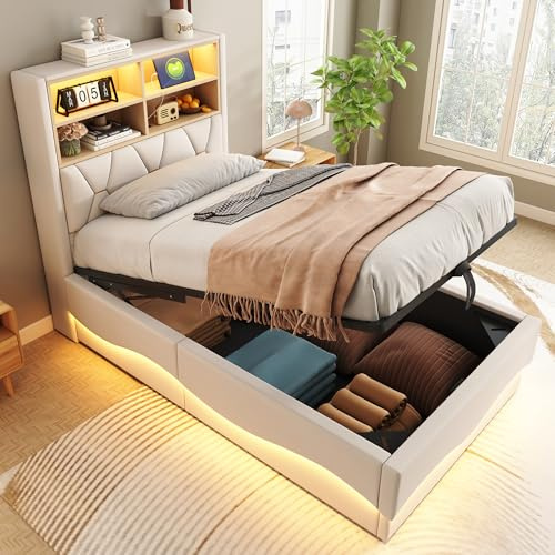 LAKFEW Einzelbett Polsterbett 90x200 cm mit LED-Lichtband und USB-Kopfteil, Hydraulisch Bett mit Stauraum, Bettgestell mit Lattenrost, Jugendbett Schlafzimmer Möbel, Beige, Leinen, Ohne Matratze