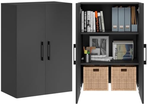 Bellamio Apol Büroschrank 60 cm breit, Schwarz, 3 Fächer, 2 Türen, Holz | Mehrzweckschrank, Aktenschrank, kleines Bücherregal, Aufbewahrungsschrank 88 cm hoch, für Flur, Wohnzimmer & Büro, Büromöbel