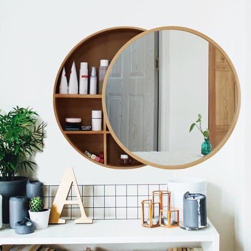 Armoire De Toilette Ronde Murale en Bois Massif avec Miroir De Salle De Bain À Ouverture Et Fermeture par Pression(Wood,50cm)