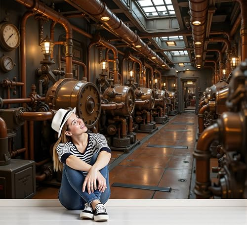 Papier Peint Panoramique Équipement Industriel Rétro Steampunk Mécanique 300×210 cm Intissé Fresque Murale, Brun XL Décoration Murale Moderne, Pour Salon Chambre D'Enfants Restaurant Murales