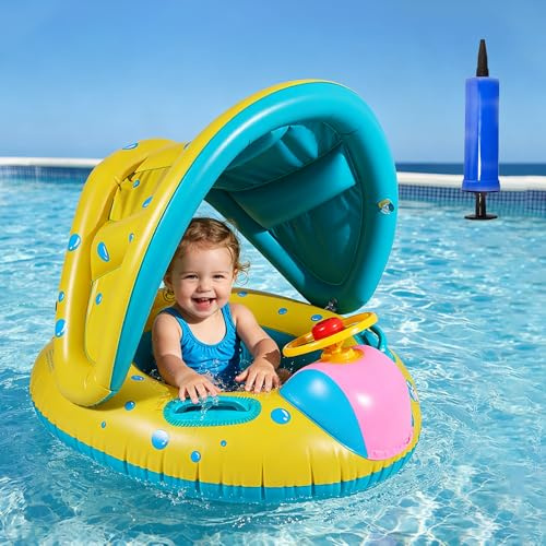 KQWVZ Flotador Bebe con Sombrilla, Flotador Bebe Inflable para 6-36 Meses, Flotador Piscina Bebe con Asiento Seguridad, Protección UV UPF 50+, Flotador de Piscina para Bebé para 8-16 KG
