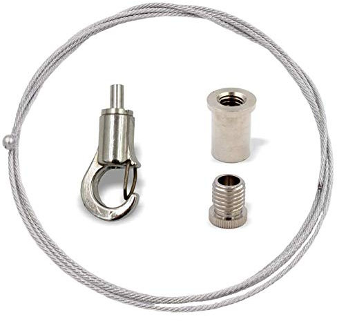 Abhängeset mit Haken für kleine Lasten, | Deckenbefestiger, Schraubkappe Hakenhalter/Drahtseilhalter, Drahtseil Ø1,0mm, Länge 1500mm