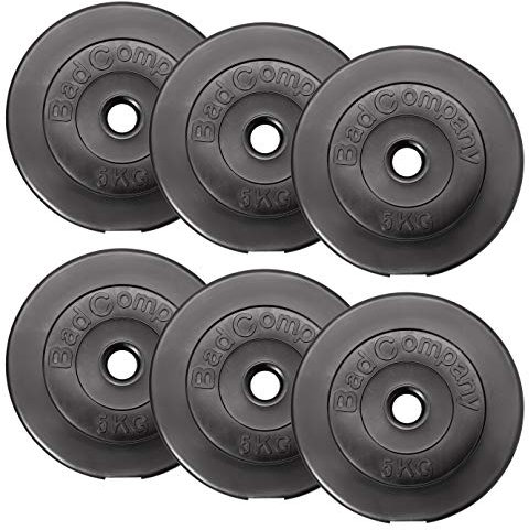 Bad Company Hantelscheiben 30/31 mm Kunststoff 30kg I Gewicht Set 6 x 5 kg I Gewichte für Langhantel und Kurzhantel