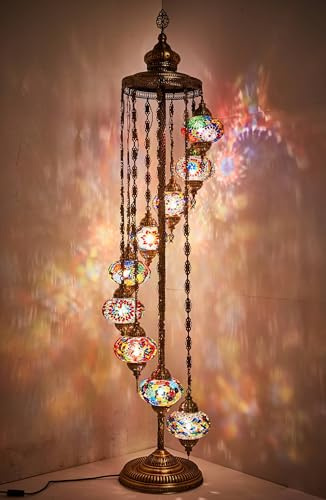 DEMMEX Golvlampa i turkisk marockansk mosaik, 9 glober 1,8 m hög – dekorativ stående lampa i Tiffany-stil med färgglada glober för sovrum, vardagsrum, entré – handgjord i Turkiet, flerfärgad