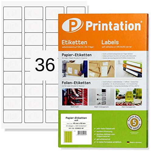 Printation Universal Etiketten selbstklebend 45 x 30 mm weiß abgerundete Ecken - 900 Sticker auf 25 DIN A4 Bogen à 4x9 45x30-36 Etiketten selbstklebend bedruckbar pro A4 Bogen - abgerundet BSB 5052