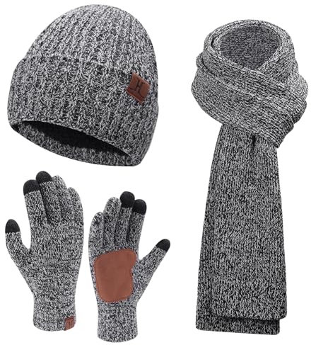 Herren Winter Warm Beanie Mütze Lange Schal und Touchscreen Handschuhe Set mit Fleece Gefüttert Wintermütze Strickmütze Rutschfeste Winterhandschuhe Schals Geschenk für Männer, A Grau