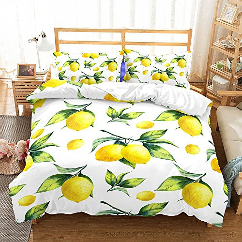 Treer Bettwäsche 3 Teilig, 3D Bedding Bedrucktes Mikrofaser mit Reißverschluss Bettbezug und Kopfkissenbezüge Bequem Weich Haltbar Bettwäsche-Set (135x200cm,Zitrone)