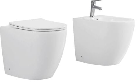 Yellowshop - Sanitari bagno a terra filo muro - Wc rimless, copriwc soft close e bidet mod. Hoop