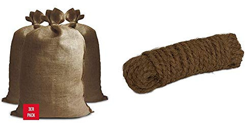 NOOR Premium Jutesäcke 3er Pack Gr.S 60 x 105 cm I 3X Multifunktionaler Jutesack I Winterschutz für Topf- & Kübelpflanzen & Windhager Kokosgarn Baumanbinder Kokosseil Kokos-Tau Baum-Kordel, 15 m