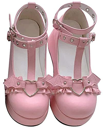 LLDG Damen Lolita Lederschuhe Plateau Mary Jane Halbschuhe Blockabsatz Cosplay Schuhe Retro Riemchen Pumps mit Schleife Pumps Schnallenriemen Runde Zehen Wohnungen Flacher Mund Prinzessin Schuhe