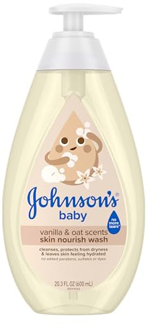 Johnson's Skin Nourishing Moisture Baby Wash, Vanilla & Oat Scents, Tear-Free, Hypoallergenic Baby Body Wash Cleanses, Protects from Dryness, & Leaves Skin Feeling Hydrated, 20.3 fl. oz