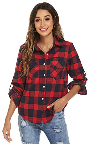 Ietaoo Chemisiers Femme Chemise à Carreaux Coton Manches Longues Flanelle Chemise Blouse Classique Décontractée Shirt pour Automne Hiver Printemps Rouge Bleu Marine M
