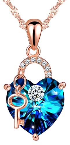 MOOFUN Women's Heart of the Ocean Heart Necklace 925 Sterling Silver Chain Blue Crystal Zirconia Lock and Key Pendant Women Jewellery Elegant Gift Packaging Gifts for Her Girlfriend