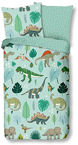 Soma Renforcé Pastell Kinder-Bettwäsche-Set 2 teilig Bettbezug 2tlg 135x200cm 80x80cm Dino Dinosaurier Mint Dreieck