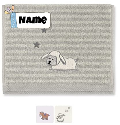 Sterntaler Seiftuch | Baby Sterntaler Handtuch personalisiert | 30 x 50 cm | Baby Seiftuch | Kinderhandtuch mit Name | mit Namen | Bestickt mit Name | Baby Erstausstattung (Stanley Schaf grau)
