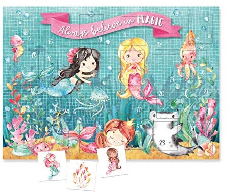 Papierdrachen Adventskalender mit Kindertattoos zum Aufkleben aus Deutschland - Tattoos mit Meerjungfrau und weiteren kindgerechten Designs - Weihnachtskalender für Kinder - vegan - Meerjungfrau Set 1