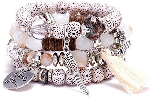 Yean 4 Stück Boho-Armband geschichtete Perlenarmbänder Quaste Münzen Anhänger Handschmuck für Frauen und Mädchen (weiß)