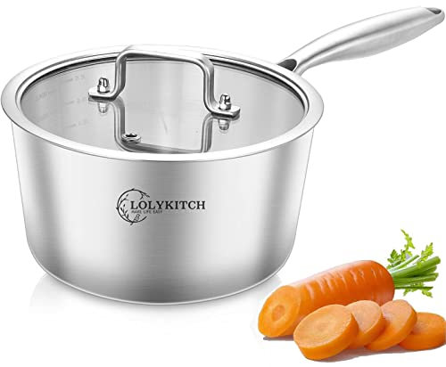 LOLYKITCh Tri-Ply 3 QT Stainless Steel Saucepan with Lid,Dia.20CM Induction Cooking Sauce Pot,Oven & Dishwasher Safe,Detachable Handle.