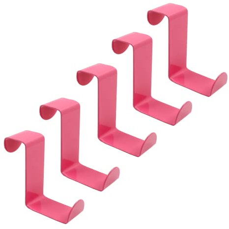 Kyuionty 5 Pcs Over The Door Hooks Z-Shaped Hanging Hooks Dual Head Fits 3/4 and 1-1/2 Door Widths, Stainless Steel Reversible Single Hanger Hook for Over The Door, Kitchen, Cabinet, Drawer (Pink)