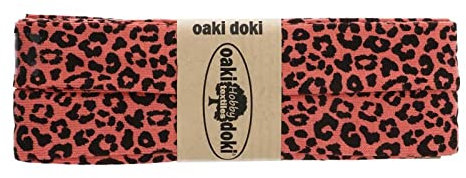 Schrägband Jersey 3m mit Leopard Print 20mm gefalzt Oaki Doki elastisches Einfassband, Farbe:3008 koralle-schwarz