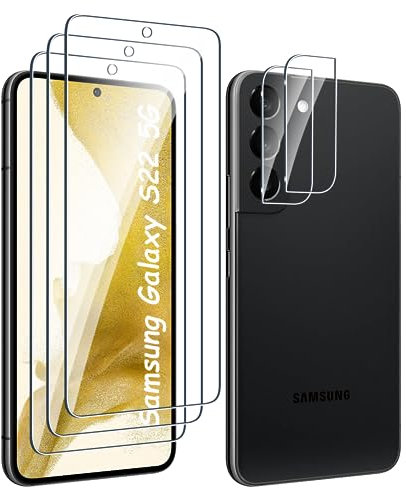 Fyqzio [3+2 Piezas Cristal templado compatible con Samsung Galaxy S22 5G y protector de pantalla de cámara,sin burbujas,dureza 9H,antiarañazos,0,25 mm ultrafino HD protector de pantalla