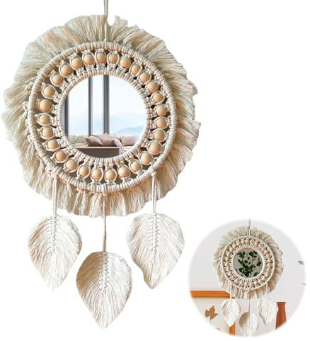 Nizirioo Miroir Mural Suspendu avec Frange,Miroirs Muraux Macramés Faits à la Main à Suspendre,Tissées Boho Fringe Miroir Rond,Miroir Mural en Macramé pour Appartement,Salon,Chambre