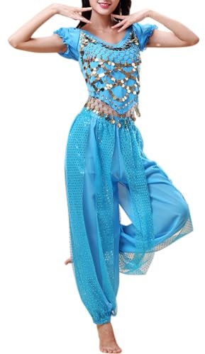 Inlefen Frauen Bauchtanz Indischer Tanz Aufführung Chiffon-Röcke Glänzend Bauchtanz Anzüge Halloween Karneval Tanzen Performance-Kleidung Seeblau (160-175cm,45-70kg)