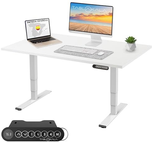 Tablakala - Escritorio Elevable Eléctrico 2 Motores | Tablero 160x80 cm Blanco | Patas Blancas | Ajustable en Altura 62-127 cm | Standing Desk Ergonómico, Mesa Elevable