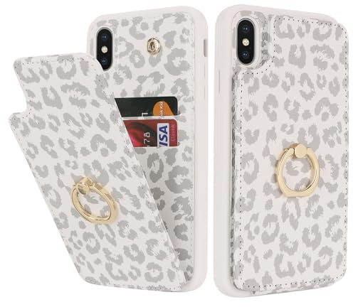 SailorTech für iPhone XS Max Handyhülle mit Kreditkartenhalter für Frauen, iPhone XS Max Hülle Ring-Ständer Kartenschlitze Standfunktion Modische Tasche für Männer - Weißer Leopard
