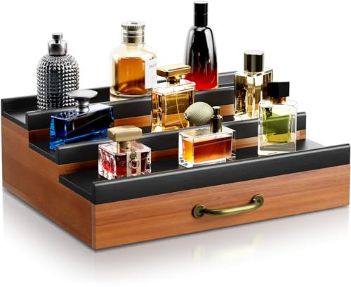 YIKIBOX Cologne Organizer for Men,Wooden Perfume Organizer with Hidden Compartment and Drawer,Cologne Stand and Storage Display Risers for Dresser,Great Gift for Men/Friend（Brown）