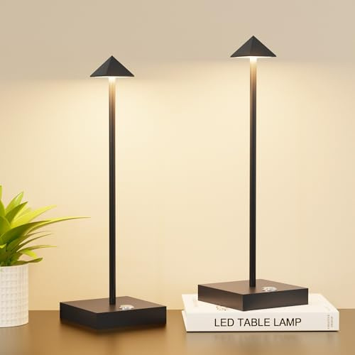 Aipsun 2 Stück LED Dimmbare Akku Tischlampe Kabellose schwarz, Wiederaufladbar Warme Lichtfarbe 2700K/4000K/6000K Tischleuchte mit USB-C, Aluminium, IP54 Wasserdichte für Restaurant/Esszimmer