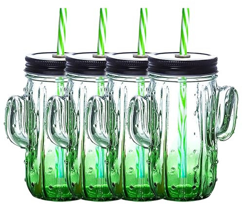 BAKAMITAYI Vasos de vidrio con pajita, vasos de cactus, taza creativa de vidrio para jugo de agua, café, 4 juegos (vidrio de cactus, verde)