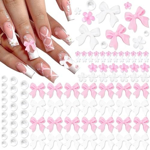 Nayyana 1000 Stück rosa Schleifen-Nagel-Charms, weiße Schleifen-Charms für Nägel, Kunstharz, flache Rückseite, Perlen, Blumen-Charms, Valentinstag, Nagel-Dekoration, Zubehör für Frauen