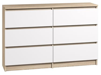 roe furniture Kommode mit 6 Schubladen - Modern Schubladenschrank - Komodenschrank - Schubladenkommode 140 cm Breit - Sonoma & Weiß