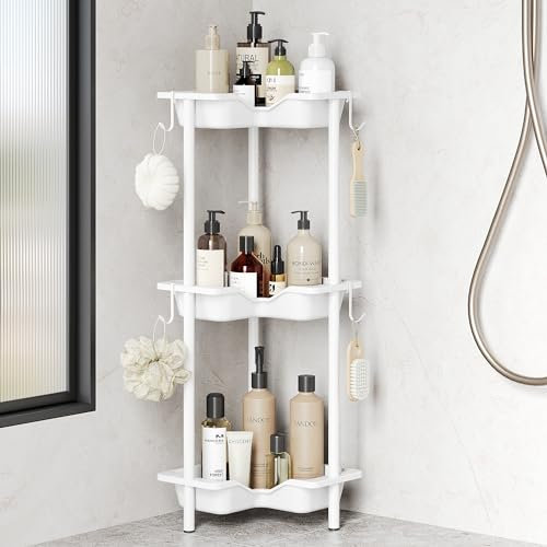 Orimade 3 Stück Ecke Duschregal Stehend Rostfrei,Duschablage Bodenstehend, Kunststoff-Metall-Verbindungen Duschkörbe Stand für Badezimmer, 10 x 10 x 27.7 inches Weiß
