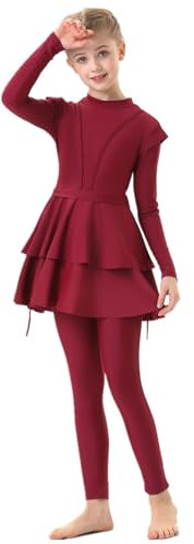 Kinder Baby Mädchen Muslimischen Badeanzug Islamischen Ganzkörper Full Cover Langarm Top Hose Burkini Set Schwimmanzug 3-teilig Einfarbig Bademode Rock mit Mütze Teenager (Red, 10-11 Years)