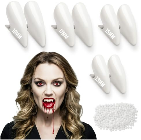 FESTICY Set 4 Paia Denti Vampiro Riutilizzabili (13mm, 15mm, 17mm, 19mm) con Colla Inclusa I Denti Finti Professionali per Costume Vampiro Bambino e Adulto I Perfetti per Halloween e Feste in Maschera