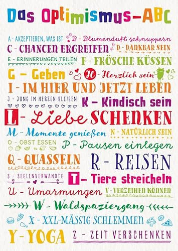 Bunte Postkarte für Optimisten mit dem Optimismus-ABC - farbenfrohe Inspirationen zum Schmunzeln und Wohlfühlen für positive Menschen