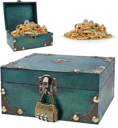 Vintage Wooden Treasure Chest Box with Lock (15x12x7.2cm) Jewelry Chest, Pirate Chest Box for Home Decor and Jewelry Storage