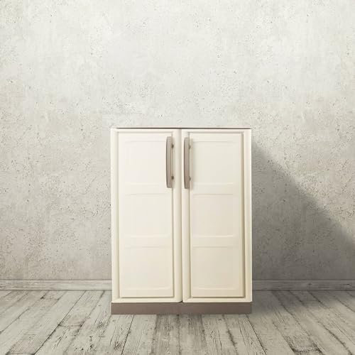 Dmora - Armoire d'extérieur Courtrai, Armoire de Balcon Polyvalente, Mobilier d'extérieur avec 2 Portes, 100% Made in Italy, Beige et Marron, 70x39h86 cm, Finition à Carreaux