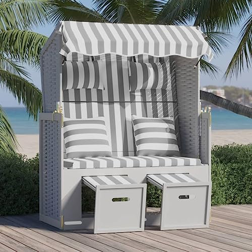 HEFZGDB Strandkorb mit Kissen Poly Rattan und Massivholz Grau & Weiß Feldbett Gartenliege Strandkorb Geeignet für Pool, Terrasse, Garten.