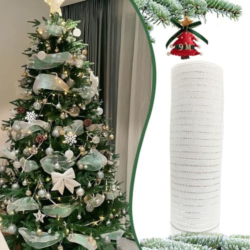 26 cm×9 m Glänzend Weihnachtsgirlanden Weihnachtsband Breit Weiß,Weihnachtsbänder Geschenkband Dekoband Weihnachten Poly Mesh Ribbon für Schleifen Weihnachtsbaum Deko Weihnachtskranz Türkranz Winter