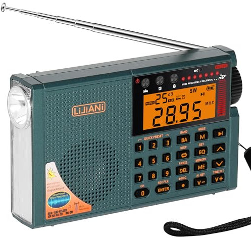 Radio de onda corta Ver con Bluetooth, tarjeta TF, linterna, teclas retroiluminadas, grabación digital, reloj despertador, temporizador de sueño, batería AA y recargable, tipo C y conector ANT