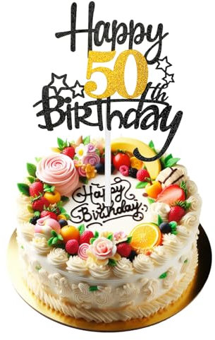 Happy 50th Birthday Cake Topper, Black Gold Glitter 50th Birthday Cake Pick Cake Decoration for Happy 50 Years Birthday Anniversary Party