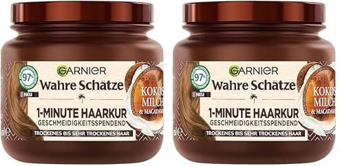 Wahre Schätze Nährende 1-Minute Haarkur für trockenes bis sehr trockenes Haar, Mit Kokosmilch und Macadamiaöl für neuen Glanz und Geschmeidigkeit, Vegane Formel, 1 x 340 ml (Packung mit 2)