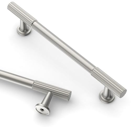 Amerdeco 10 Pack Brushed Satin Nickel Cabinet Pulls 5 Inch(128mm) Hole Centers Kitchen Cabinet Handles Solid Zinc Alloy Cabinet Hardware Drawer Pulls AM020