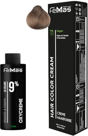 Femmas Set de tinte de pelo rubio claro 8 I Hair Color Cream 100 ml + crema de óxido 100 ml 9% I coloración permanente del cabello + desarrollador I Suave y duradero I Tinte de pelo de salón para el