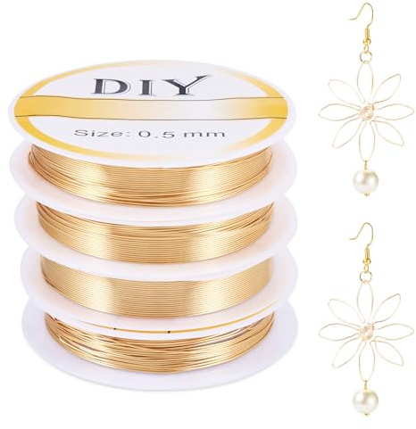 Spritewelry 4 Rolls Jewelry Beading Wire 0.5mm 14K Gold Plated Copper Wire Brass Craft Wire for DIY Earrings Bracelet Necklace Making
