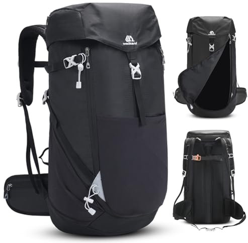Outplea 50L Groß Wanderrucksack mit Öffnung Vorne Herren Damen, Wasserdicht Trekkingrucksack Reiserucksack mit Reflexstreifen, Outdoor Rucksack für Sport, Schwarz