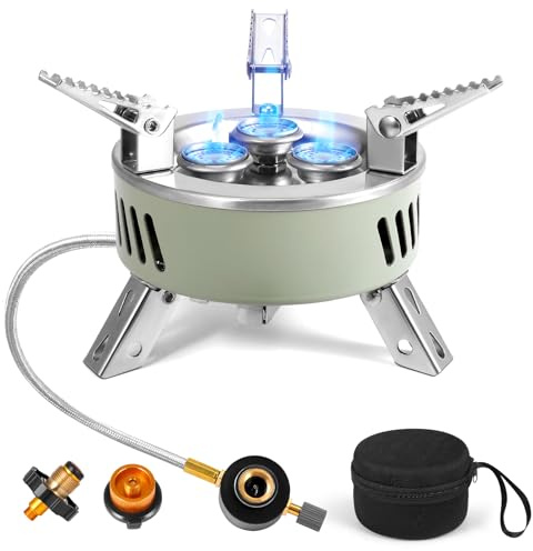 QCXWCJWD Camping Gas Stove, Portable Camping Stove Outdoor, 11000W Windproof Backpacking Gas Stove with Piezo Ignition, Foldable Camping Gas Burner for BBQ, Hiking, Camping, Trekking, Fishing (Green)